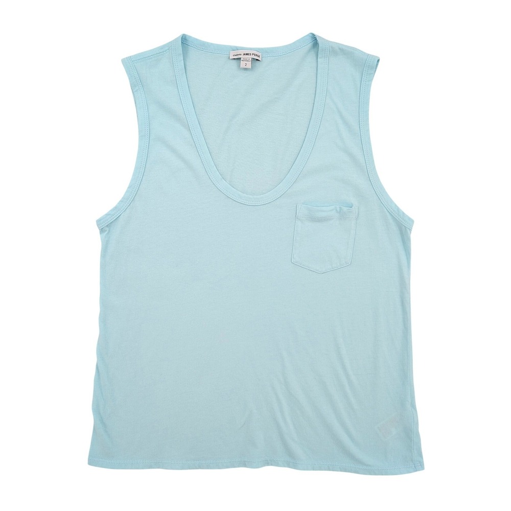 James Perse Standard Womens Light Blue Cotton Deep Scoop Neck Pocket Tank Top 2